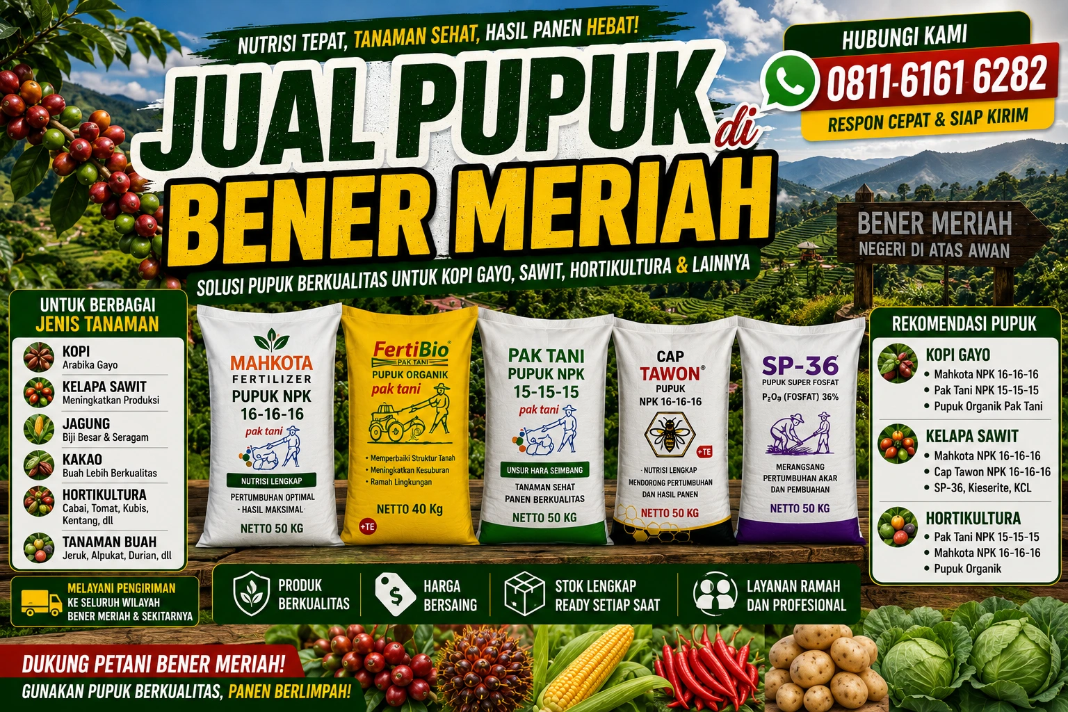 Jual Pupuk di Bener Meriah 0811 6161 6282 Rekomendasi Pupuk untuk Kopi Gayo, Sawit, dan Tanaman Perkebunan