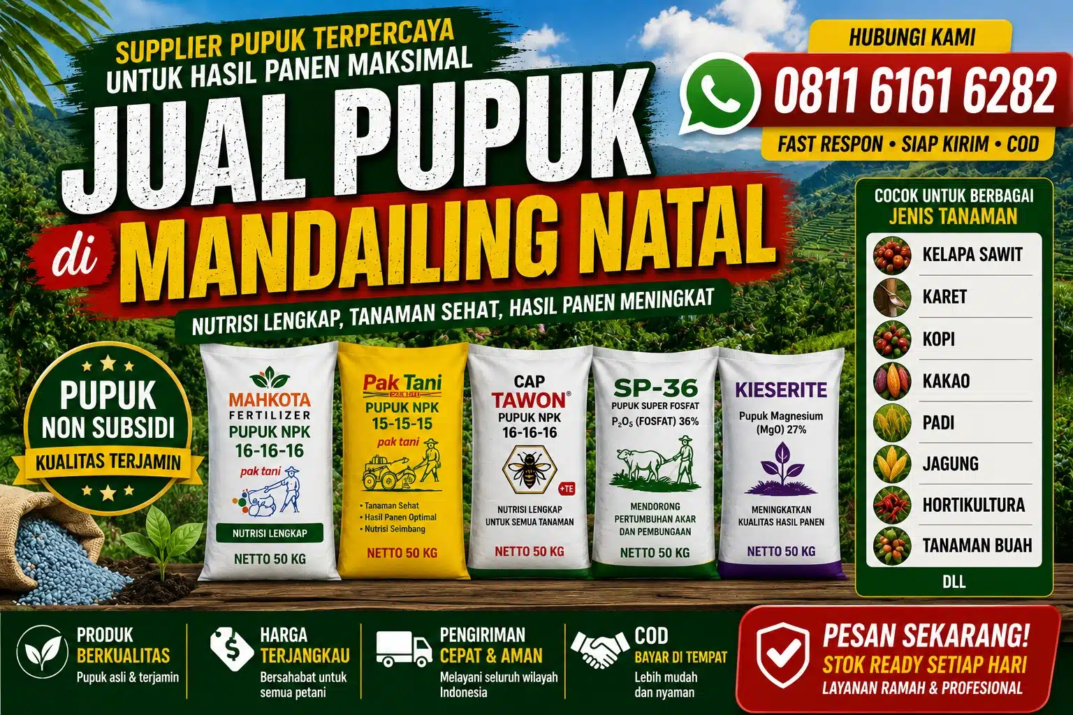 Jual Pupuk di Mandailing Natal Bisa COD Hub 0811 6161 6282 Untuk Hasil Panen Berlimpah