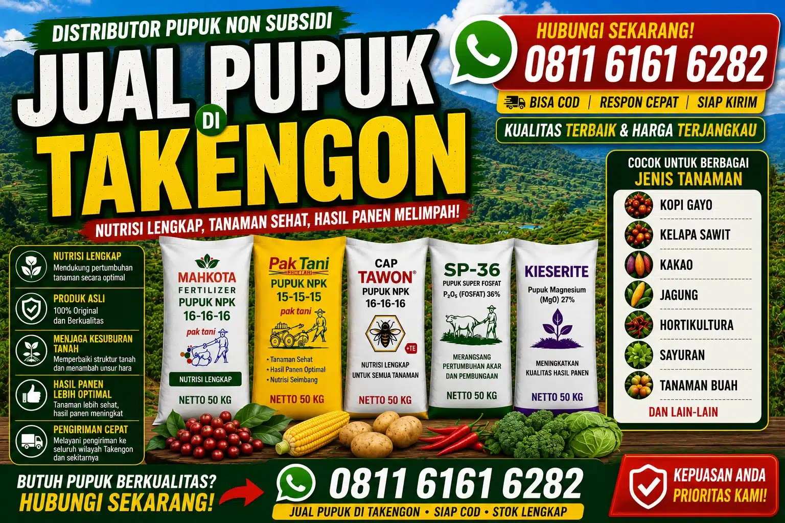 Jual Pupuk di Takengon Hubungi 0811 6161 6282 Tersedia Berbagai Jenis Pupuk untuk Pertanian dan Perkebunan